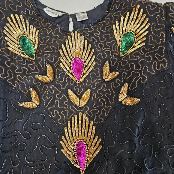 Vintage Denise Elle Black Silk Blouse Peacock Sequins Bling Holidays Party Top - Picture 2 of 12